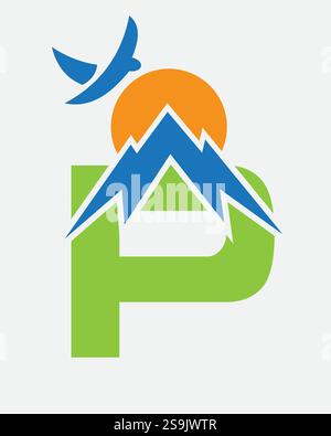 Initial Monogramm Letter P Vacation Logo Konzept mit Mount-, Sonne- und Vogelsymbol. Reiselogo Stock Vektor