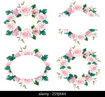 Aquarellrahmen und Kränze mit pastellrosa Rosenblüten, grünen Blättern für Grußkarten, Einladungen. Handgezeichnete botanische Grenzen auf isolierten Stockfoto