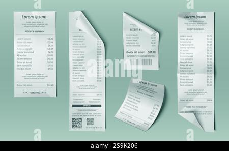Zahlungseingänge, die im Hintergrund isoliert festgelegt wurden. Vektor-realistische Illustration von gerollten und gefalteten Papierschecks mit gedruckten Produktpreisen, Lebensmittelgeschäft Stock Vektor