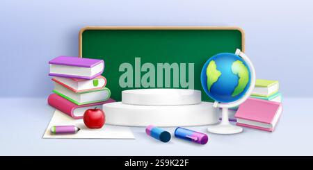 3D-Szene der Schule mit kreisförmigem weißem Podium, gestapelten Lehrbüchern, hellrotem Apfel, Globus-Modell, farbenfrohen Markierungen und Stiften, grünem Tafel und Stock Vektor