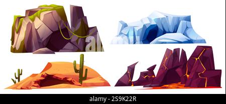 Höhleneingangslandschaften - moosbedeckte felsige Klippen, arktische Gletscherformation, Wüstenhöhle umgeben von Kaktuspflanzen, vulkanischer Berg mit Glühen Stock Vektor