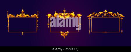 Mittelalterliches Spielgestell – verzierte goldene Ränder mit dekorativen Blüten auf dunklem Hintergrund. Königliche Designelemente mit Blumenmuster und scharfem Design Stock Vektor
