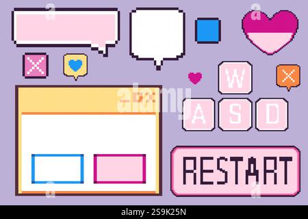 Elemente der Retro-Software-Benutzeroberfläche sind isoliert im Hintergrund festgelegt. Vektorillustration eines leeren y2k-Messenger-Fensters, leere Sprechblase, Pixelherz Stock Vektor