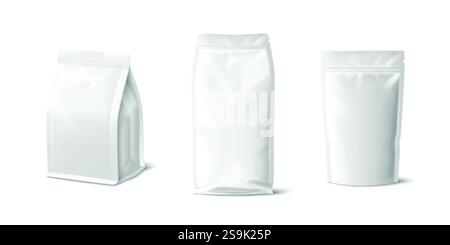 Paper bag mockup set for coffee packaging - white blank pouches in different shapes with zip lock and valve. Realistic snack food doypack containers. Stock Vektor