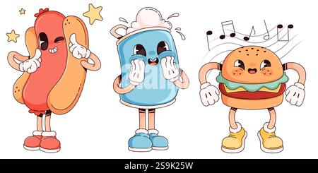 Groovige Fastfood-Charaktere, isoliert auf weiß. Zeitgenössische Vektor-Karikaturillustration von glücklichem Hot-Dog, schaumige Soda Dose, singende Burger Maskottchen W Stock Vektor