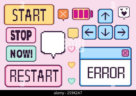 Pixel Game UI Elements Kit. Bedientasten einschließlich Start-, Stopp-, Neustartoptionen, Richtungspfeile, Batterieanzeige, Textnachrichtenrahmen, farbig Stock Vektor