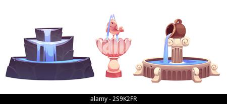 Springbrunnen auf weißem Hintergrund. Vektor-Karikaturillustration aus Stein und Marmor, moderner, antiker und klassischer Stil gestufter Pool mit Wasser Stock Vektor