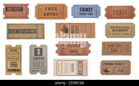 Alte Vintage-Tickets isoliert auf weißem Hintergrund Stockfoto