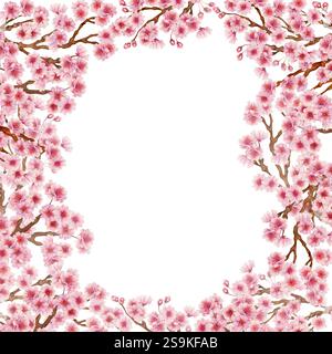 Rahmen aus Zweigen mit rosa Kirschblüten zu Ehren des japanischen Hanami-Festivals auf weißem Hintergrund. Wunderschönes botanisches Design in lil Stockfoto