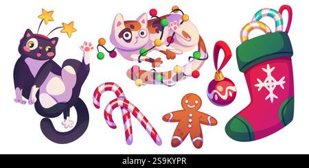Lustige Weihnachtskatzen, isoliert auf weiß. Vektor-Karikaturillustration der niedlichen Haustiere, die mit Girlande, Zuckerrohr, Feiertags-Lebkuchen, Weihnachtsbaum Spielzeug und Feiertagssocke, Grußkarte Elemente spielen Stock Vektor