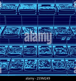 Blaues Bild eines Lebensmittelgeschäfts mit vielen verschiedenen Arten von Lebensmitteln in verschiedenen Behältern. Die Szene ist hell und fröhlich, und die blaue Farbe schafft eine se Stock Vektor