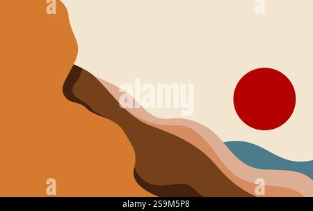 Abstrakte Vektorkunst Landschaft Berg mit Sonne. Bergpapierschnitt Stock Vektor