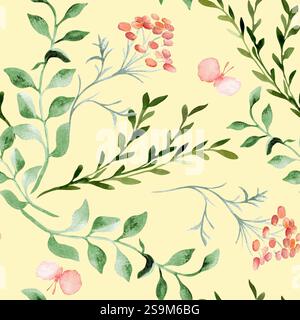 Grünes nahtloses Muster mit Blumen und rosa Schmetterlingen Aquarell isoliert. Abstrakte einfache Zweige Blätter und Blüten von Hand gezeichnet wiederholt Stockfoto