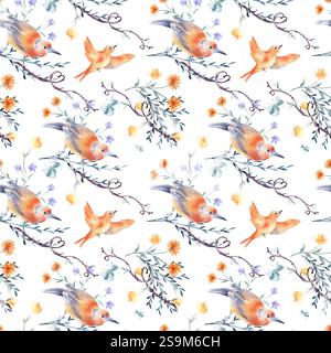 Aquarell nahtlose Muster der Natur, Vögel, Schmetterling und Baumzweige handgezeichnet isoliert. Textil mit romantischem Blumendesign in Orange. Vögel und Stockfoto