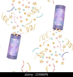 Ein festliches, nahtloses Muster mit Aquarellillustrationen von Konfetti-Poppers und bunten Luftschlangen. Ideal für Partydekorationen, Geschenkverpackungen und festliche Designs. Stockfoto