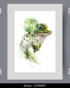 Grüne Leguana-Eidechse mit großem Auge und schuppiger Haut am Körper auf Wandkunst. Aquarellgrafik Stock Vektor