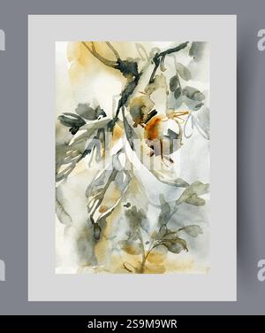 Baumfragment mit Früchten und grünen Blüten auf Zweigen auf Druck. Aquarellgrafik Stock Vektor