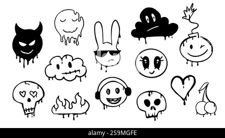 Graffiti Gangster Tattoo Elemente, Farbspritzer, Spray. Herzgesicht, Schädelset. Doodle Gunge groovige Druckkrone, Kirsche, Gruselset,. Vektorabbildung Stock Vektor