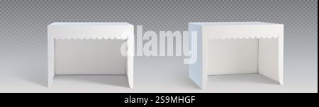 Weißes Mockup-Set für Zeltkabinen mit dekorativer gewellter Schürze - leeres rechteckiges Standbild aus verschiedenen Winkeln. Vorlage für Ausstellungsflächen für Messen, Marktpräsentationen oder Werbeveranstaltungen. Stock Vektor
