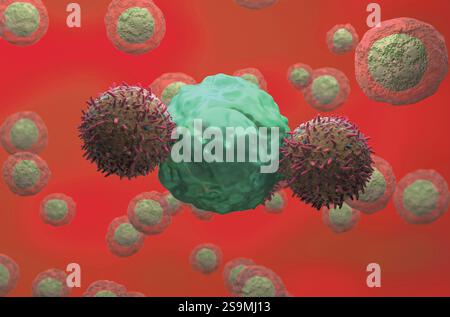 AUTO-T-Zellen greifen Krebszelle an – isometrische 3D-Darstellung Stockfoto