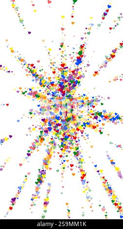 Fallende Herzen valentinskarte Vorlage. Regenbogenfarbene verstreute Herzen. LGBT-valentinskarte. Chaotisch fallende Herzen Vektor-Illustration. Stock Vektor