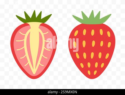 Erdbeere halb und ganze Frucht flach Vektor-Set Stock Vektor