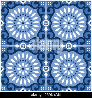 Portugiesische Azulejo Fliesen nahtlose Vektormuster, Retro-Design mit Blumen und geometrischen Formen in Marineblau und weiß Stock Vektor