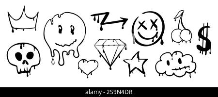 Graffiti Gangster Tattoo Elemente, Farbspritzer, Spray. Herzgesicht, Schädelset. Doodle Gunge groovige Druckkrone, Kirsche, Gruselset,. Vektorabbildung Stock Vektor