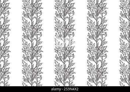 Linienart Blumenmuster nahtloser abstrakter Hintergrund. Schwarz-weiße Umrandung wiederholende botanische Wildblumen Vektor-Illustration. Grafikdesign für Stock Vektor