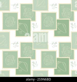 Summer Marine Vibes mit Meeresstempeln mit Muschelzeichnung, in hellgrüner Pastellfarbe, Vintage-Papier. Design für Mode, Stoff, Textil, Tapeten, Verpackung und alle Drucke. Vektorabbildung Stock Vektor