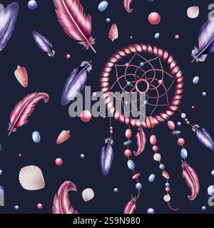 Nahtloses Muster mit ethnischen handgefertigten, gewebten Weidenreif für einen Traumfänger, Perlen am Seil Perlen an einem Seil mit Federn, Muscheln Aquarell Stockfoto