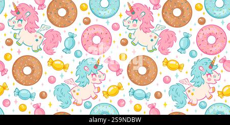Nahtloses Vektor-Muster von niedlichen Kawaii-Einhörnern mit Bonbons und Donuts. Muster für Kindergeburtstag mit Einhorn, Süßigkeiten und Donut. Stock Vektor