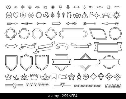 Dekorative Linien mit Vintage-Emblem. Retro-Emblemrahmen mit Band und Pfeilen, klassische, einfache geometrische Rahmen für Logo-Design. Vektor-isolierter Satz Stock Vektor