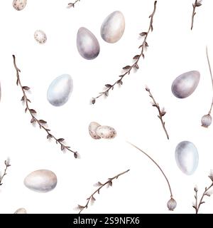 Aquarell Ostern nahtloses Muster auf weißem Hintergrund mit Eiern, Lindenzweigen und Weide. Osterfeiertag Illustration Hand gezeichnet auf isoliert Stockfoto