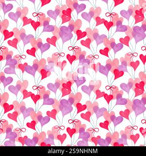 Nahtloses Muster mit Herzen und Schleife zum Valentinstag. Liebe. Aquarell- und Markierungsabbildungen. Handgezeichnete isolierte Kunst. Geburtstagshintergrund, Tex Stockfoto