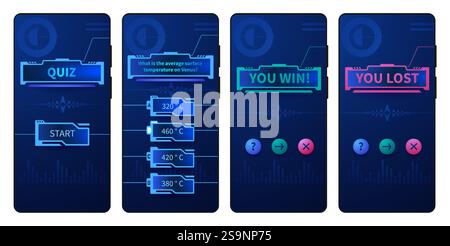 Mobile Quiz-App. Fragebogen-Spielvorlage für die Telefon-Schnittstelle, Quizzing mit modernem UI-Design mit Bildschirm zur Frage- und Antwortauswahl. Vektorraten Stock Vektor