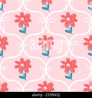 Blumen und Schleifstift zeichnen nahtloses Muster. Durchgehender Hintergrund mit floraler Cokette. Botanik-Repeat-Hintergrund von Damast. Oberflächenmuster Design Feder gee Stock Vektor