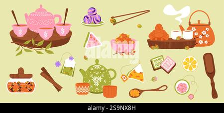 Kräutertee. Gemütliche Teezeremonie mit heißem Getränk in Teetasse, Wasserkocher und Teekanne, warmes Getränk mit Zitrone und Honig. Vektor-Stillleben-Illustration Stock Vektor