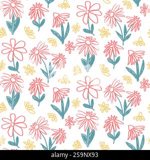 Coneflower Buntstift gezeichnetes nahtloses Muster. Farbenfroher, durchgehender Hintergrund mit Blumenmuster. Daisy stilisierte Botanik-Repeat-Cover. Federmotiv mit Oberflächenmuster Stock Vektor