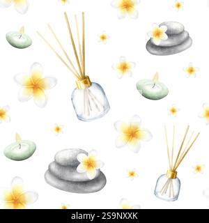 Aroma-Diffusor, Kerzen, Plumeria-Blumen und Stack-Kieselsteine. Handgezeichnetes Aquarell isoliertes nahtloses Muster mit Frangipani für Banner oder Hintergrund, Verpackungspapier, Textil, Stoff, Spa Salon Design. Stockfoto
