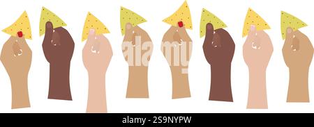 Herren- und Frauenhände haben unterschiedliche Rasse, die Mais- und Spinatnachos halten. Dekorative Elemente zum Nachos Day. Isolierte Vektor-Illustration Thematische Karten oder Web-Werbebanner, Broschüren, Druckmaterialien oder Tags Stock Vektor