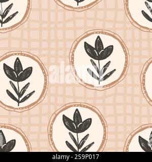 Nahtloses Blumenmuster. Blumenschablone auf Vintage runden Rahmen Allover Hintergrund. Krokus in kreisförmiger Retro-Grenze. Vektor handgezeichnet Schwarzweiß Abb. Stock Vektor