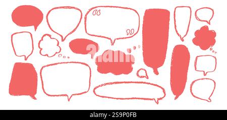 Sprechblasen eingestellt. Textfelder mit Buntstift-Kritzelung. Chat-Dialog-Clouds. Comic Talk Formen mit Kreide oder Bleistift isoliert auf weißem Hintergrund. Kindlicher Stil qu Stock Vektor