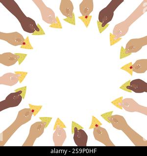 Weibliche und männliche Hände unterschiedlicher Rasse halten Spinat und Maisnachos Circular Frame Border Copyspace. Vorlage isolierte Vektor-Illustrationskarten oder Web-Werbebanner, Broschüren, Druckmaterialien oder Tags Stock Vektor