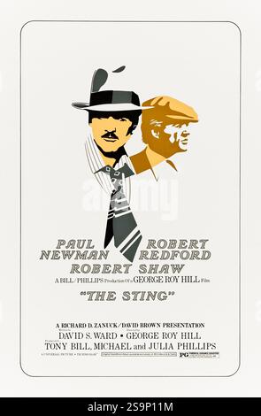 The Sting (1973) von George Roy Hill mit Paul Newman, Robert Redford und Robert Shaw. Zwei Betrüger verbünden sich, um ein ausgeklügeltes Racheprogramm gegen einen rücksichtslosen Verbrecherboss in Chicago der 1930er Jahre durchzuführen. Foto eines Original-Posters aus dem Jahr 1973 (USA), das NUR FÜR REDAKTIONELLE ZWECKE VERWENDET WIRD. Quelle: BFA / Universal Pictures Stockfoto