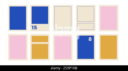 Briefmarkensatz. Leere Postkartenpackung. Vektor Hand gezeichnet flache Sammlung Illustration isoliert auf weißem Hintergrund. Perforierte Papiermarke Stock Vektor