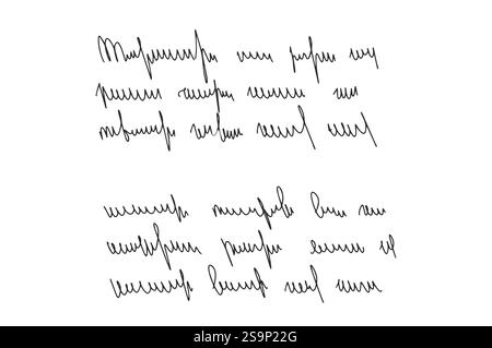 Handgeschriebener Gedichtbrief. Versennotiz mit Freihandtext. Unlesbarer, grober Entwurf mit Stift, isoliert auf weißem Hintergrund. Unleserlicher Kursiv Stock Vektor