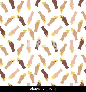 Herren- und Frauenhände haben unterschiedliche Rasse, die Mais- und Spinatnachos halten. Dekorative Elemente zum Nachos Day. Isolierte Vektor-Illustration Thematische Karten oder Web-Werbebanner, Broschüren, Druckmaterialien oder Tags Stock Vektor