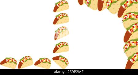 Mexikanische Tacos mit Salat, Soße und Gemüse Eckrahmen Borders Grußset 2 Kopierraum Vorlage. Isolierte Vektor-Illustration Thematische Karten, Poster, Preisanhänger, Etikett oder Web-Werbebanner, Broschüren Stock Vektor