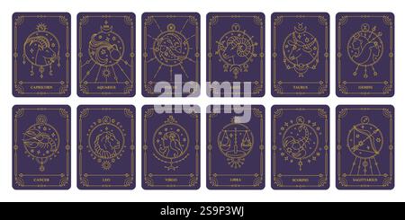 Astrologiekarte. Sternzeichen mit abstrakten astrologischen linearen Rahmen, Horoskopkonstellation Emblem setzen dekorative Grenzen und mystische Symbole Stock Vektor